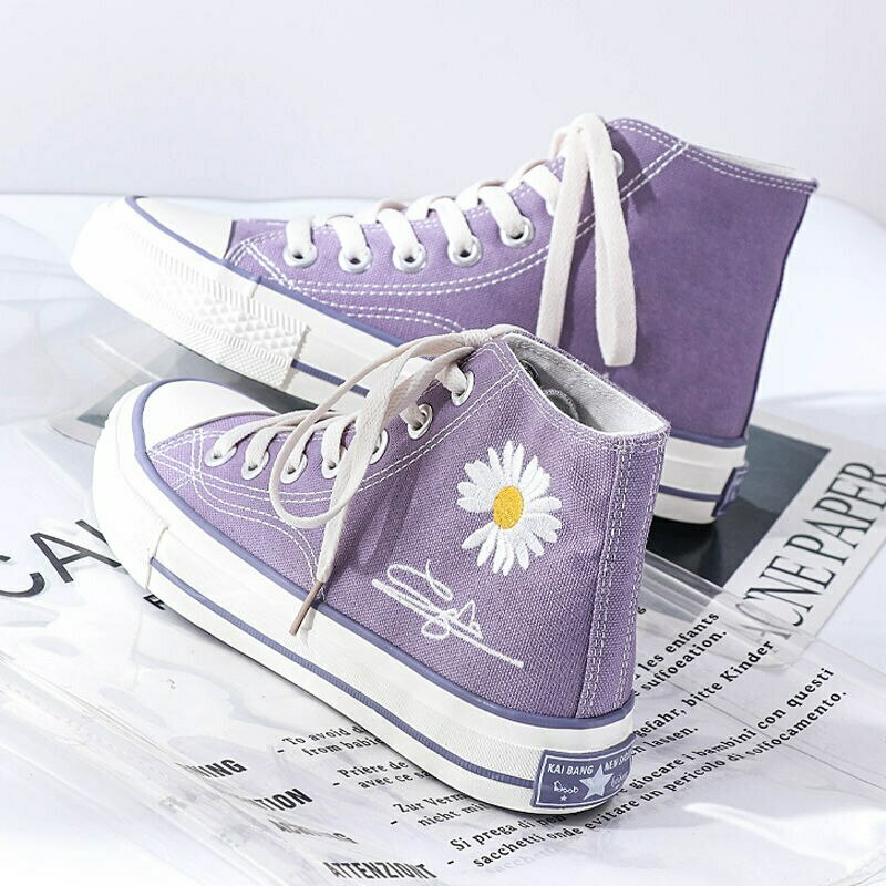 Purple & Black Lace-Up Sneakers with Daisy Decor - Y2K Fashion Aesthetic Women's Shoes