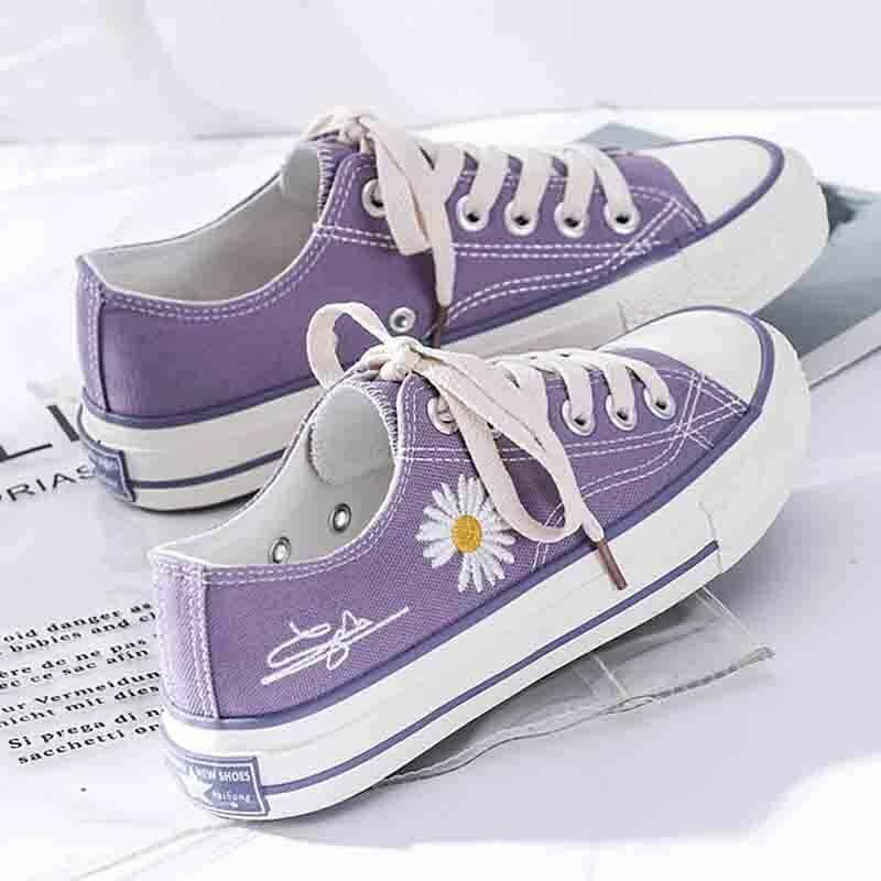 Purple & Black Lace-Up Sneakers with Daisy Decor - Y2K Fashion Aesthetic Women's Shoes