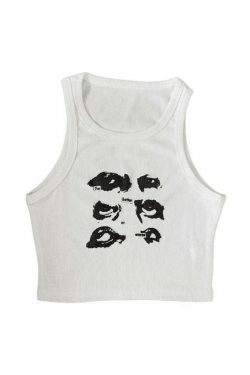 Quirky Face Print Crop Top - Y2K Aesthetic Fashion - Coquette & Grunge Vibes - Cute & Playful
