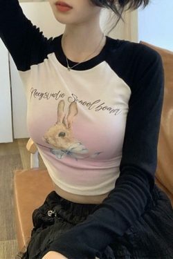 Rabbit Print Raglan Crop Tee: Y2K Aesthetic Long Sleeve for Women - Coquette Style Grunge Fashion