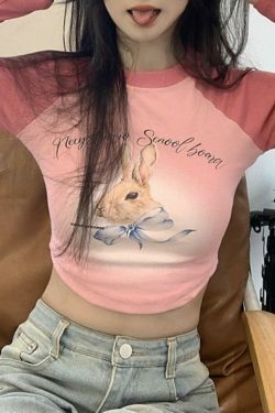 Rabbit Print Raglan Crop Tee: Y2K Aesthetic Long Sleeve for Women - Coquette Style Grunge Fashion