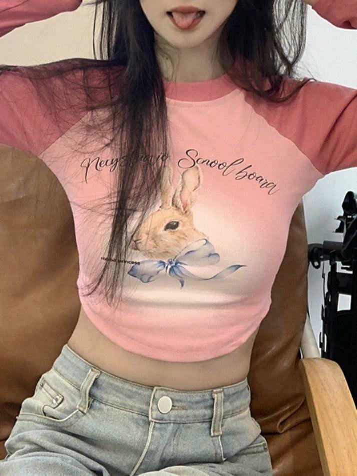 Rabbit Print Raglan Crop Tee: Y2K Aesthetic Long Sleeve for Women - Coquette Style Grunge Fashion Rabbit Print Raglan Crop Tee: Y2K Aesthetic Long Sleeve for Women - Coquette Style Grunge Fashion
