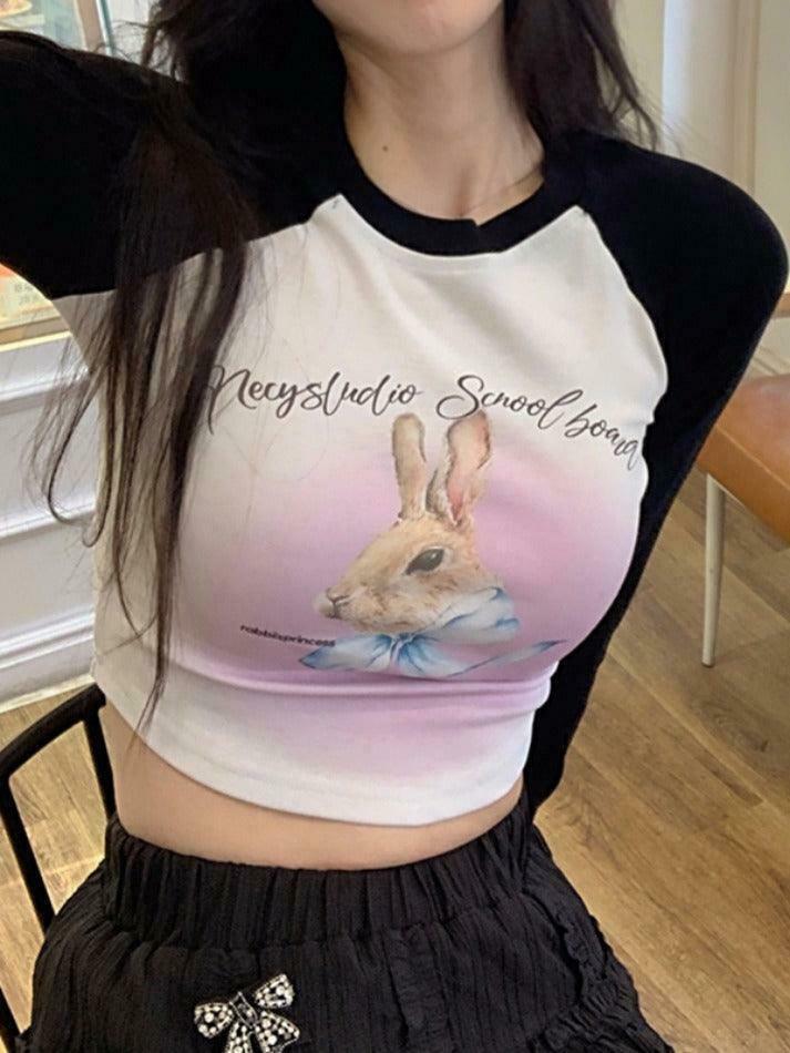 Rabbit Print Raglan Crop Tee: Y2K Aesthetic Long Sleeve for Women - Coquette Style Grunge Fashion Rabbit Print Raglan Crop Tee: Y2K Aesthetic Long Sleeve for Women - Coquette Style Grunge Fashion