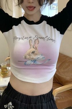 Rabbit Print Raglan Crop Tee: Y2K Aesthetic Long Sleeve for Women - Coquette Style Grunge Fashion