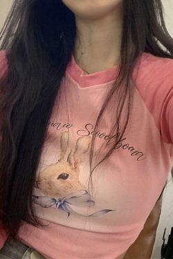 Rabbit Print Raglan Crop Tee: Y2K Aesthetic Long Sleeve for Women - Coquette Style Grunge Fashion