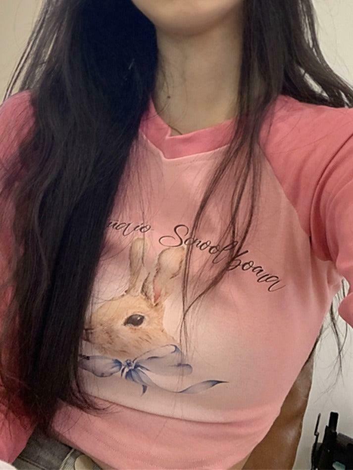 Rabbit Print Raglan Crop Tee: Y2K Aesthetic Long Sleeve for Women - Coquette Style Grunge Fashion Rabbit Print Raglan Crop Tee: Y2K Aesthetic Long Sleeve for Women - Coquette Style Grunge Fashion