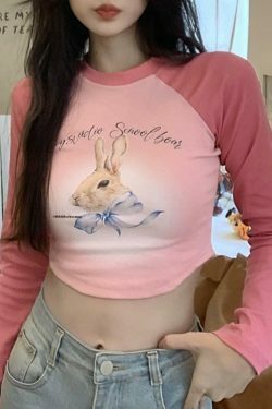 Rabbit Print Raglan Crop Tee: Y2K Aesthetic Long Sleeve for Women - Coquette Style Grunge Fashion