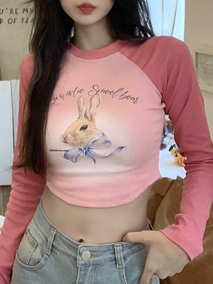 Rabbit Print Raglan Crop Tee: Y2K Aesthetic Long Sleeve for Women - Coquette Style Grunge Fashion Rabbit Print Raglan Crop Tee: Y2K Aesthetic Long Sleeve for Women - Coquette Style Grunge Fashion
