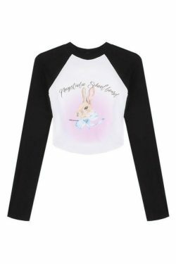 Rabbit Print Raglan Crop Tee: Y2K Aesthetic Long Sleeve for Women - Coquette Style Grunge Fashion
