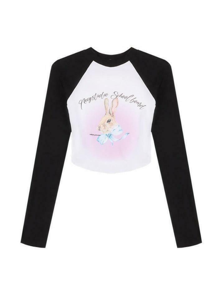 Rabbit Print Raglan Crop Tee: Y2K Aesthetic Long Sleeve for Women - Coquette Style Grunge Fashion Rabbit Print Raglan Crop Tee: Y2K Aesthetic Long Sleeve for Women - Coquette Style Grunge Fashion
