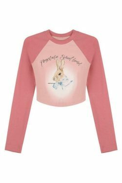 Rabbit Print Raglan Crop Tee: Y2K Aesthetic Long Sleeve for Women - Coquette Style Grunge Fashion