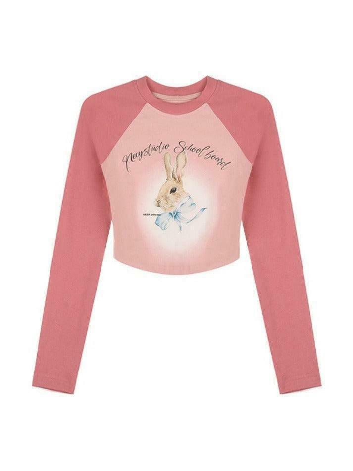 Rabbit Print Raglan Crop Tee: Y2K Aesthetic Long Sleeve for Women - Coquette Style Grunge Fashion Rabbit Print Raglan Crop Tee: Y2K Aesthetic Long Sleeve for Women - Coquette Style Grunge Fashion