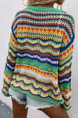 Rainbow Coloured Long Sleeve Knit Cardigan for Y2K Fashion Enthusiasts