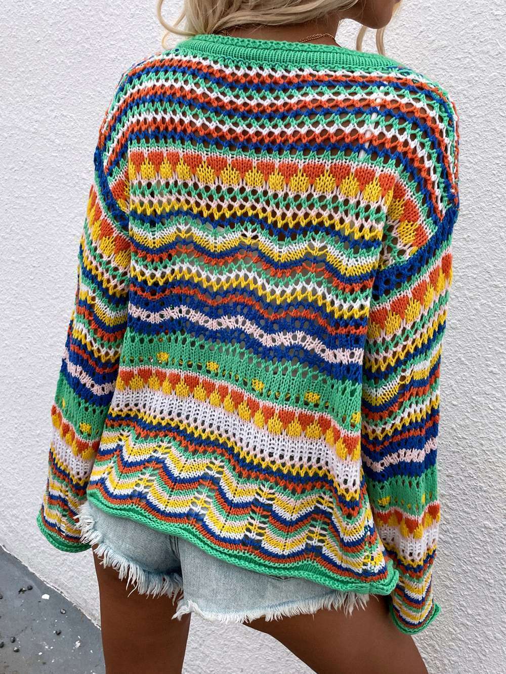 Rainbow Coloured Long Sleeve Knit Cardigan for Y2K Fashion Enthusiasts Rainbow Coloured Long Sleeve Knit Cardigan for Y2K Fashion Enthusiasts