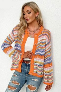 Rainbow Coloured Long Sleeve Knit Cardigan for Y2K Fashion Enthusiasts