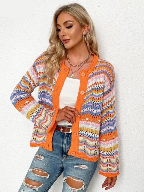 Rainbow Coloured Long Sleeve Knit Cardigan for Y2K Fashion Enthusiasts Rainbow Coloured Long Sleeve Knit Cardigan for Y2K Fashion Enthusiasts