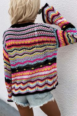 Rainbow Coloured Long Sleeve Knit Cardigan for Y2K Fashion Enthusiasts