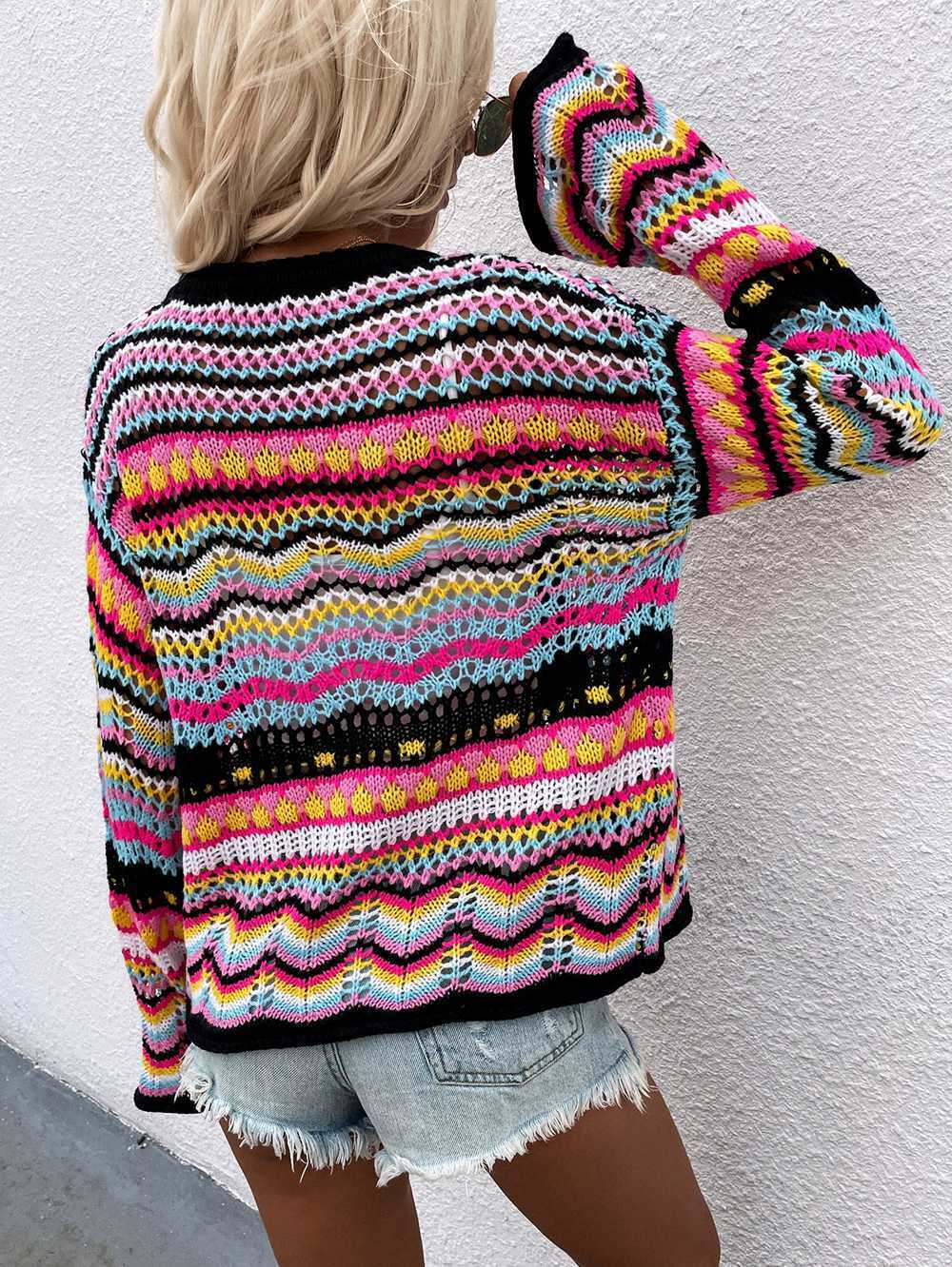 Rainbow Coloured Long Sleeve Knit Cardigan for Y2K Fashion Enthusiasts Rainbow Coloured Long Sleeve Knit Cardigan for Y2K Fashion Enthusiasts