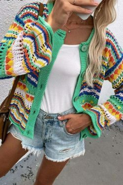 Rainbow Coloured Long Sleeve Knit Cardigan for Y2K Fashion Enthusiasts