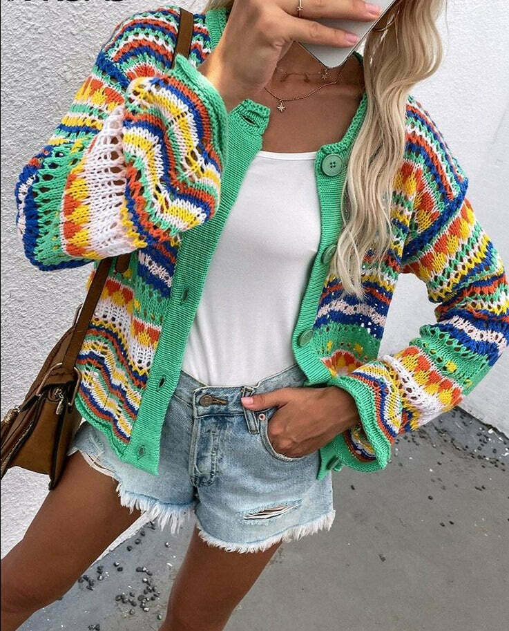 Rainbow Coloured Long Sleeve Knit Cardigan for Y2K Fashion Enthusiasts Rainbow Coloured Long Sleeve Knit Cardigan for Y2K Fashion Enthusiasts