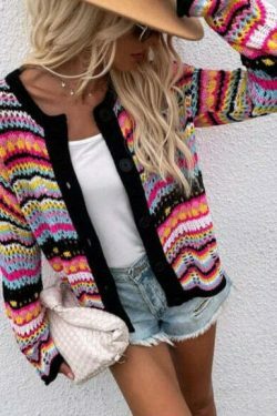 Rainbow Coloured Long Sleeve Knit Cardigan for Y2K Fashion Enthusiasts