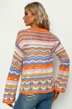 Rainbow Coloured Long Sleeve Knit Cardigan for Y2K Fashion Enthusiasts