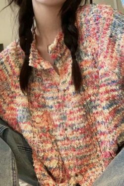 Rainbow Front Button Cardigan - Y2K Fashion Staple with Coquette Aesthetic & Grunge Style