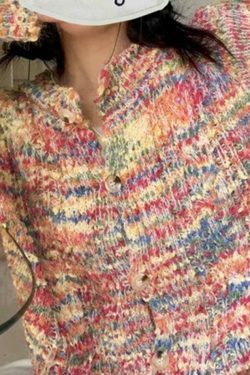 Rainbow Front Button Cardigan - Y2K Fashion Staple with Coquette Aesthetic & Grunge Style