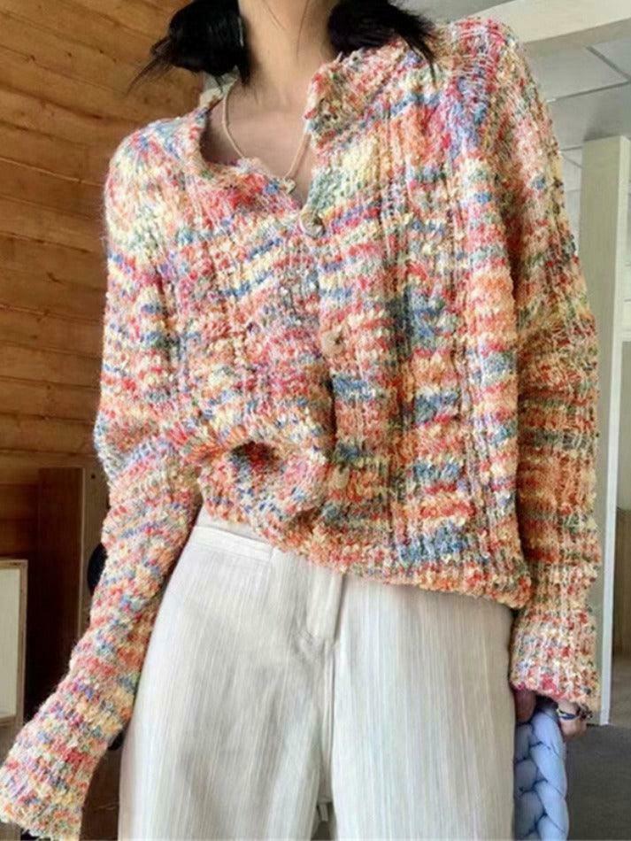 Rainbow Front Button Cardigan - Y2K Fashion Staple with Coquette Aesthetic & Grunge Style Rainbow Front Button Cardigan - Y2K Fashion Staple with Coquette Aesthetic & Grunge Style
