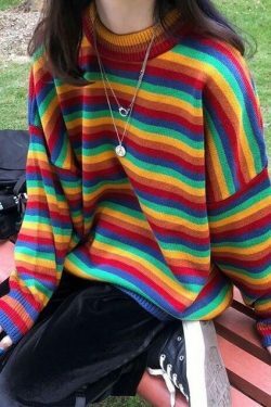 Rainbow Oversized Knit Sweater - Y2K Aesthetic Fashion for Women - Coquette Style Grunge Outfits