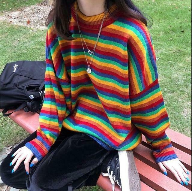 Rainbow Oversized Knit Sweater - Y2K Aesthetic Fashion for Women - Coquette Style Grunge Outfits Rainbow Oversized Knit Sweater - Y2K Aesthetic Fashion for Women - Coquette Style Grunge Outfits