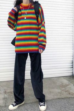 Rainbow Oversized Knit Sweater - Y2K Aesthetic Fashion for Women - Coquette Style Grunge Outfits