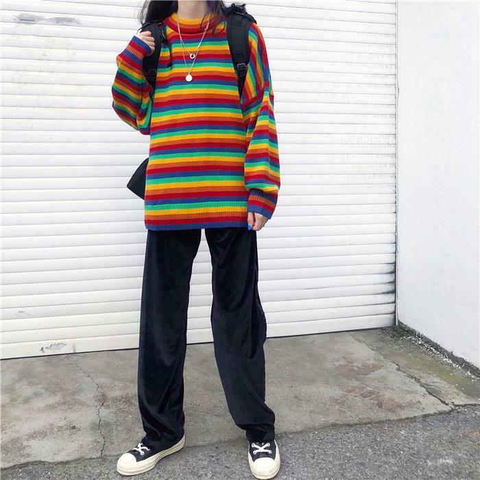 Rainbow Oversized Knit Sweater - Y2K Aesthetic Fashion for Women - Coquette Style Grunge Outfits Rainbow Oversized Knit Sweater - Y2K Aesthetic Fashion for Women - Coquette Style Grunge Outfits