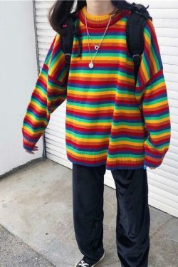 Rainbow Oversized Knit Sweater - Y2K Aesthetic Fashion for Women - Coquette Style Grunge Outfits