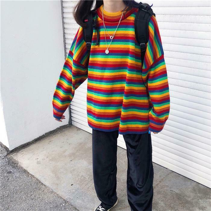 Rainbow Oversized Knit Sweater - Y2K Aesthetic Fashion for Women - Coquette Style Grunge Outfits Rainbow Oversized Knit Sweater - Y2K Aesthetic Fashion for Women - Coquette Style Grunge Outfits
