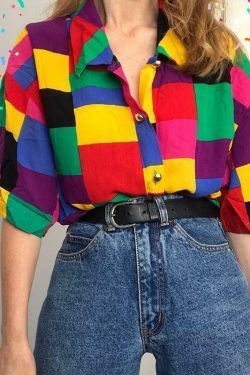 Rainbow Plus Size Blouse: Y2K Aesthetic Fashion for Women - Grunge, Coquette, and Pastel Goth Styles