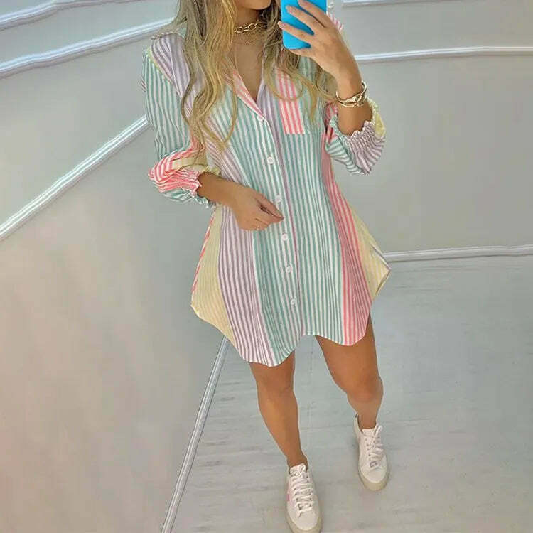 Rainbow Rush Stripes Shirt Dress - Y2K Fashion with Coquette Aesthetic Rainbow Rush Stripes Shirt Dress - Y2K Fashion with Coquette Aesthetic