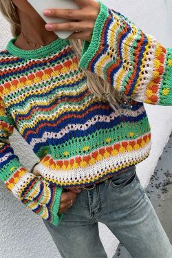 Rainbow Stripe Crochet Knit Sweater - Y2K Aesthetic Coquette Style for Women's Fashion