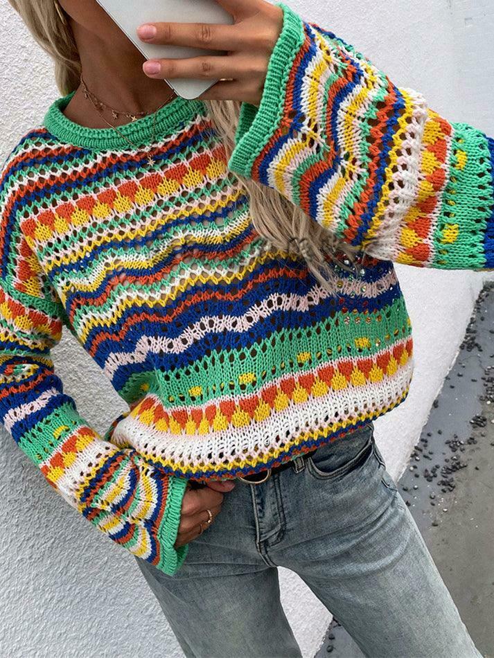 Rainbow Stripe Crochet Knit Sweater - Y2K Aesthetic Coquette Style for Women's Fashion Rainbow Stripe Crochet Knit Sweater - Y2K Aesthetic Coquette Style for Women's Fashion