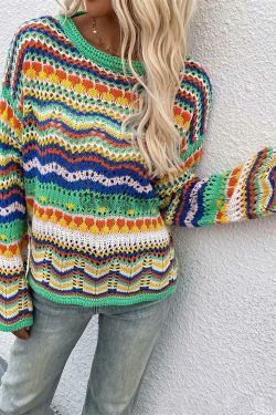 Rainbow Stripe Crochet Knit Sweater - Y2K Aesthetic Coquette Style for Women's Fashion