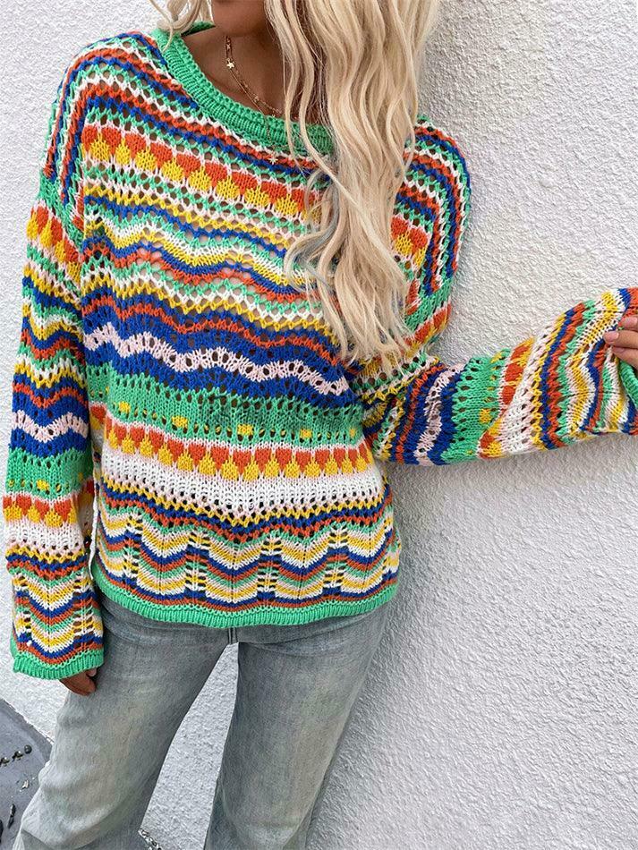 Rainbow Stripe Crochet Knit Sweater - Y2K Aesthetic Coquette Style for Women's Fashion Rainbow Stripe Crochet Knit Sweater - Y2K Aesthetic Coquette Style for Women's Fashion