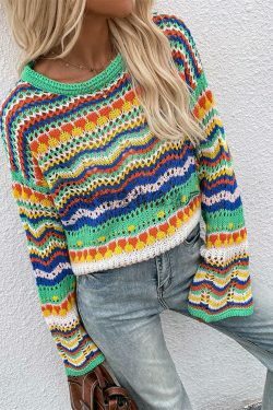 Rainbow Stripe Crochet Knit Sweater - Y2K Aesthetic Coquette Style for Women's Fashion