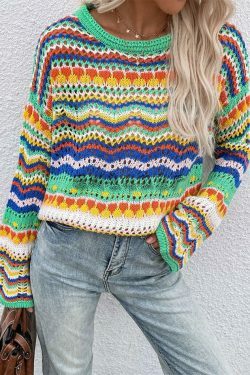 Rainbow Stripe Crochet Knit Sweater - Y2K Aesthetic Coquette Style for Women's Fashion