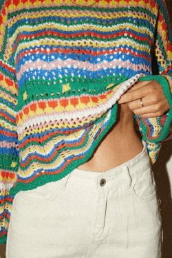 Rainbow Stripe Crochet Knit Sweater - Y2K Aesthetic Coquette Style for Women's Fashion
