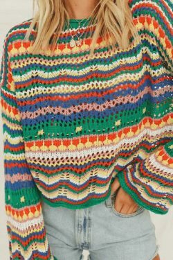 Rainbow Stripe Crochet Knit Sweater - Y2K Aesthetic Coquette Style for Women's Fashion