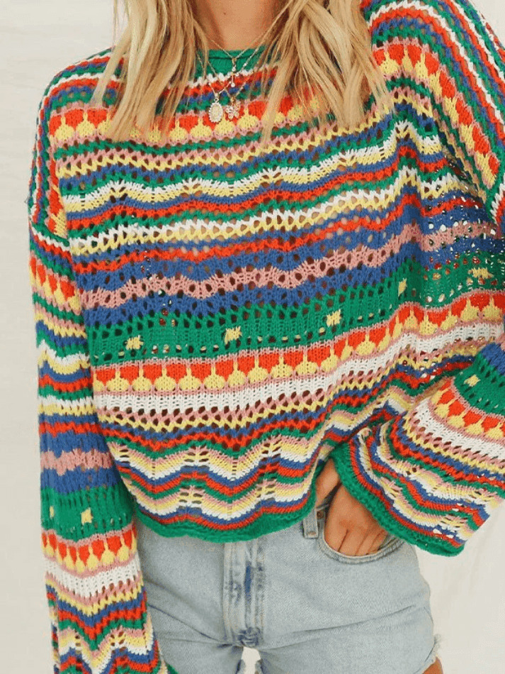 Rainbow Stripe Crochet Knit Sweater - Y2K Aesthetic Coquette Style for Women's Fashion Rainbow Stripe Crochet Knit Sweater - Y2K Aesthetic Coquette Style for Women's Fashion