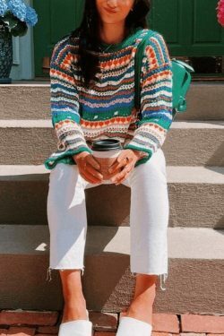 Rainbow Stripe Crochet Knit Sweater - Y2K Aesthetic Coquette Style for Women's Fashion