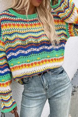 Rainbow Stripe Crochet Knit Sweater - Y2K Aesthetic Coquette Style for Women's Fashion