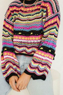 Rainbow Stripe Crochet Knit Sweater - Y2K Aesthetic Coquette Style for Women's Fashion