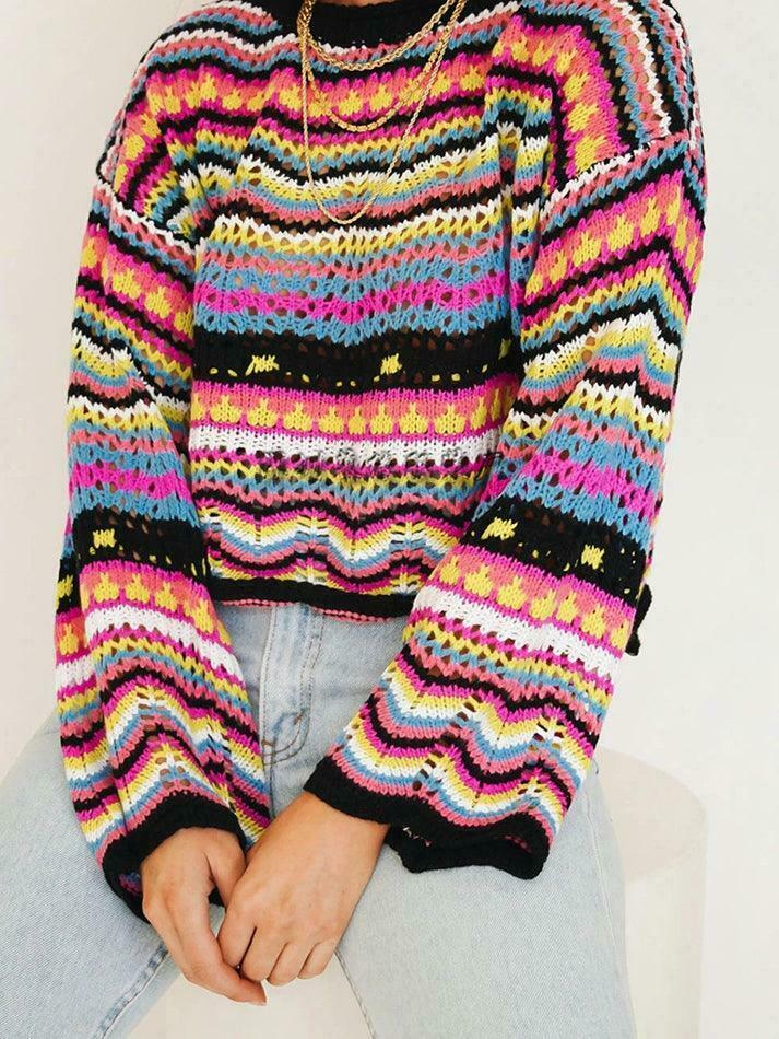 Rainbow Stripe Crochet Knit Sweater - Y2K Aesthetic Coquette Style for Women's Fashion Rainbow Stripe Crochet Knit Sweater - Y2K Aesthetic Coquette Style for Women's Fashion